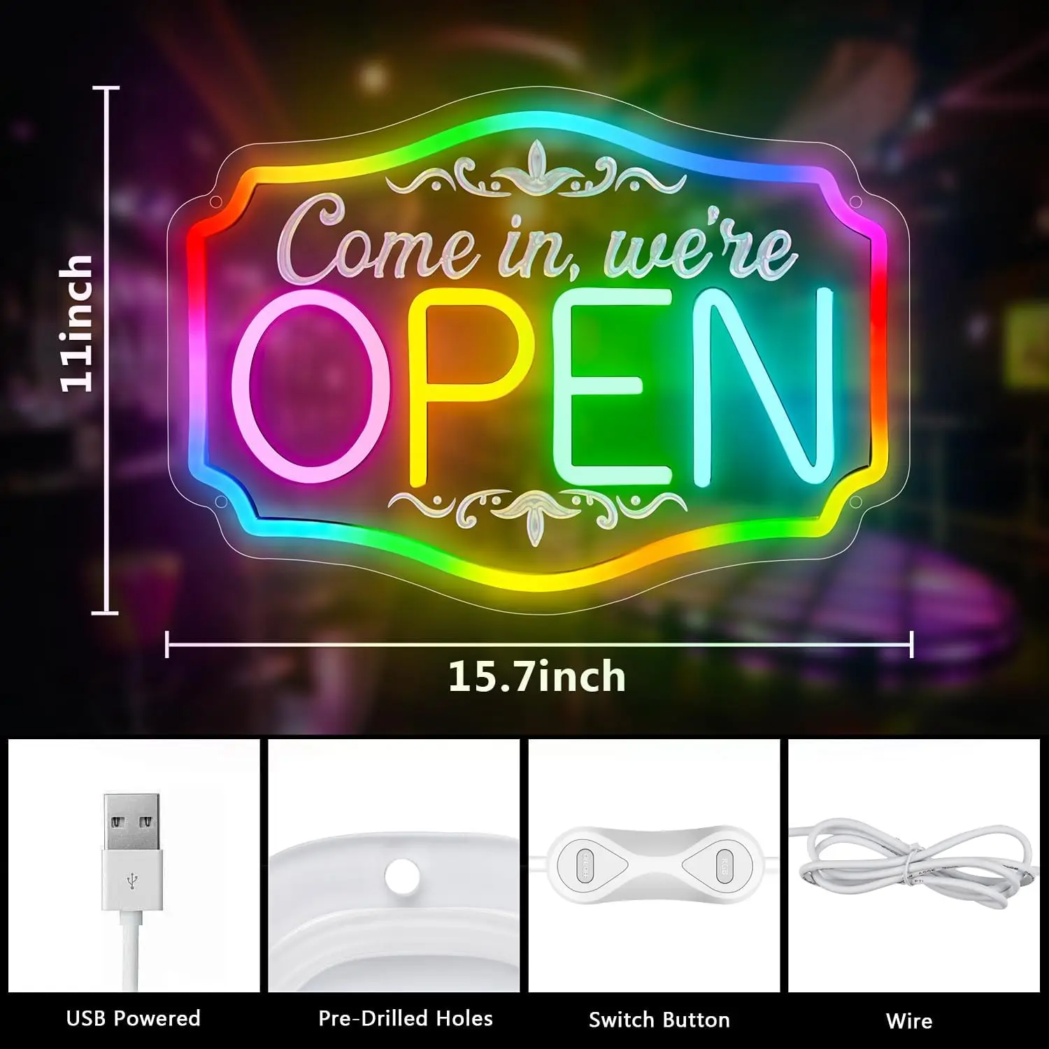 تعال فينا مفتوحة علامة النيون RGB نحت سطوع قابل للتعديل RGB علامات مفتوحة لواجهة متجر الفندق والمطعم