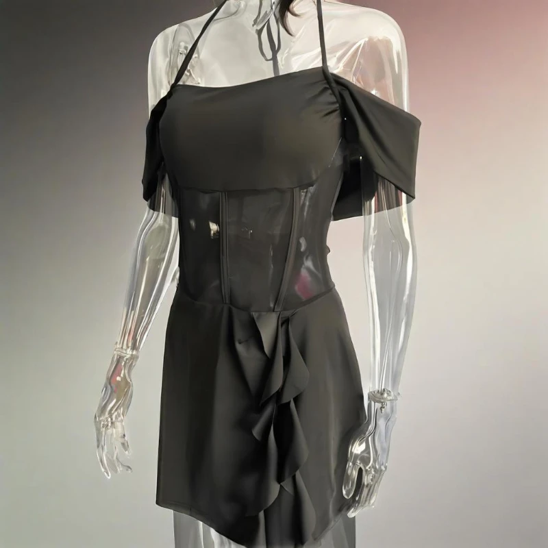 A new 2025 women's halter, one-shoulder collar, sheer mesh, backless, ruffled, slim and sexy short dress