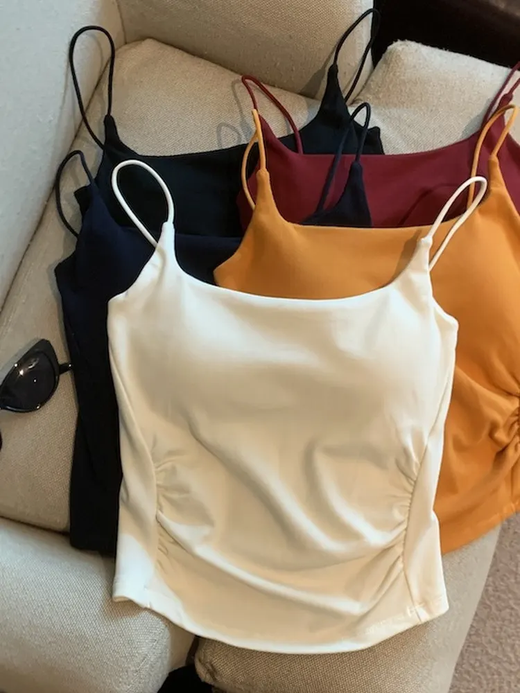 

Dopne Orange Floing Vest Women Early Autumn New Sle Slim Fit with Chest Pad Pleated Inner Wear ort Top