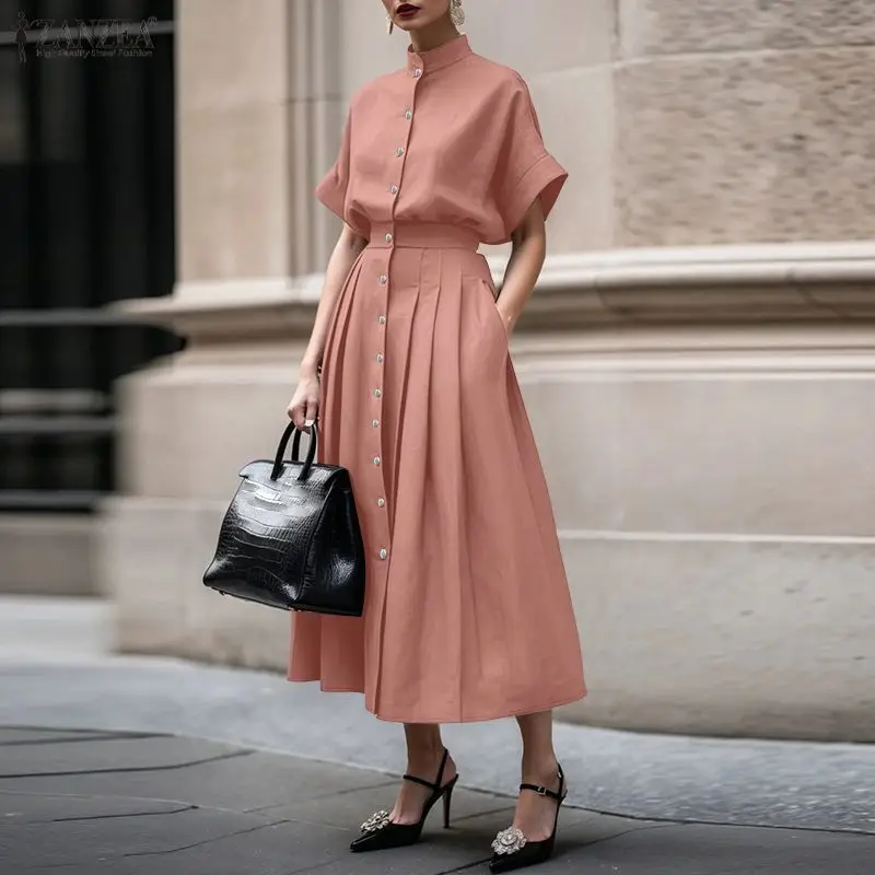 2026 Fashion Summer Outfits ZANZEA Women Dress Sets Elegant Stand Neck Short Sleeve Shirt Skirt Suit Solid OL Work 2 Piece Sets