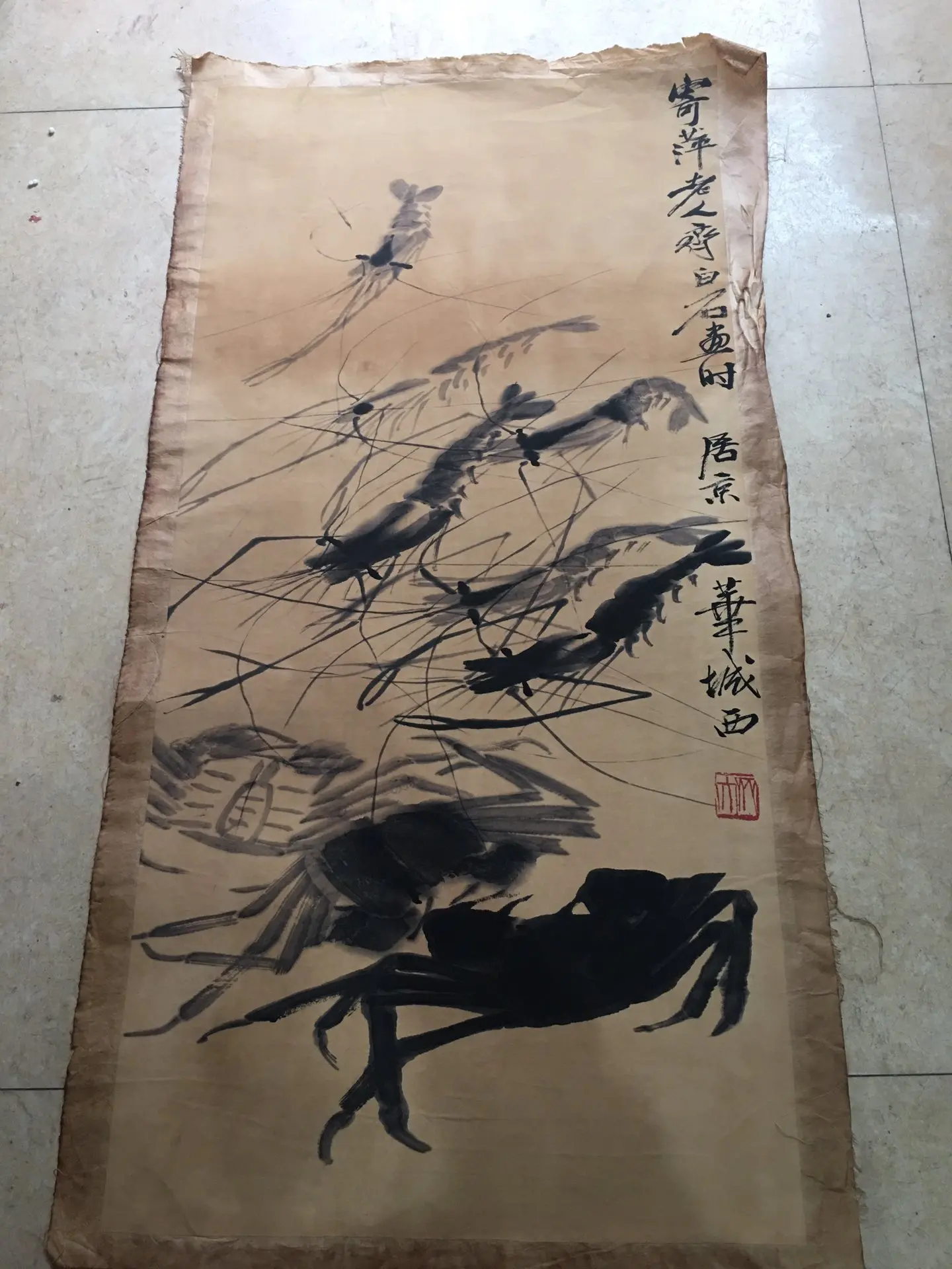 

QW03 Old Chinese Scroll Painting“Qi Baishi shrimp” Painting Paper slice