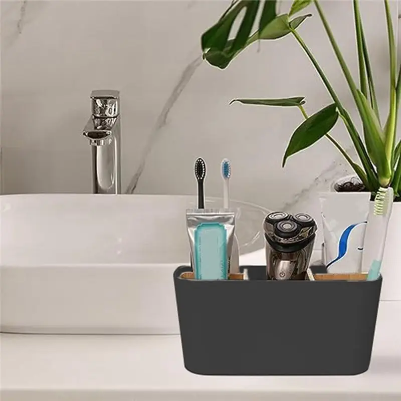 AEE4-Toothbrush Holders For Bathrooms, 5 Slots Toothpaste Organizer With Bamboo Divider Bathroom Accessories Storage
