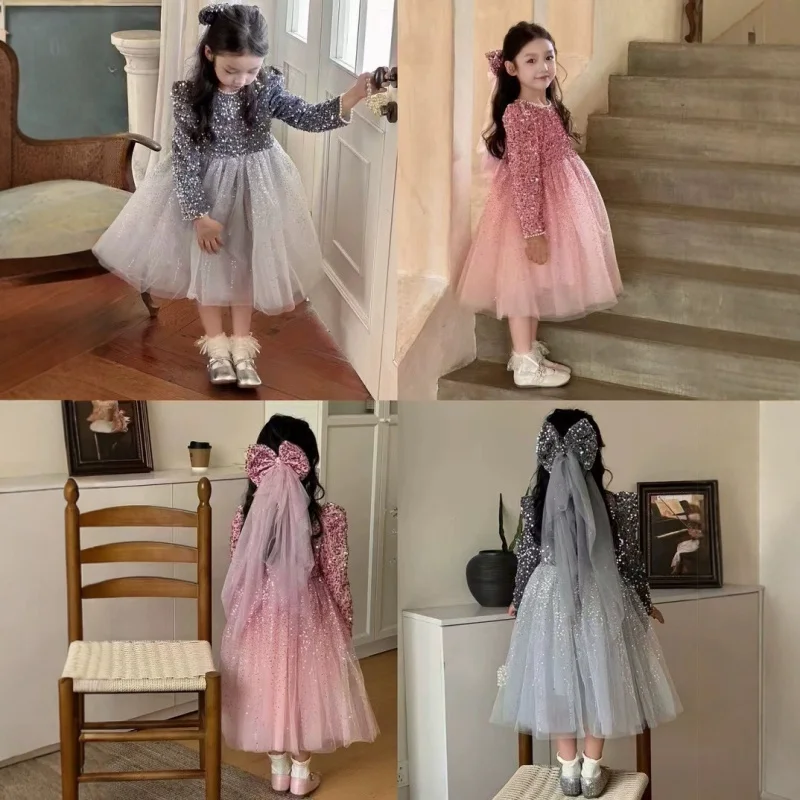 Girls' Sequin Veil Dress with Fleece Lining, Thickened Fairy Princess Dress2025New Winter Fashion Foreign Trade Children's Cloth