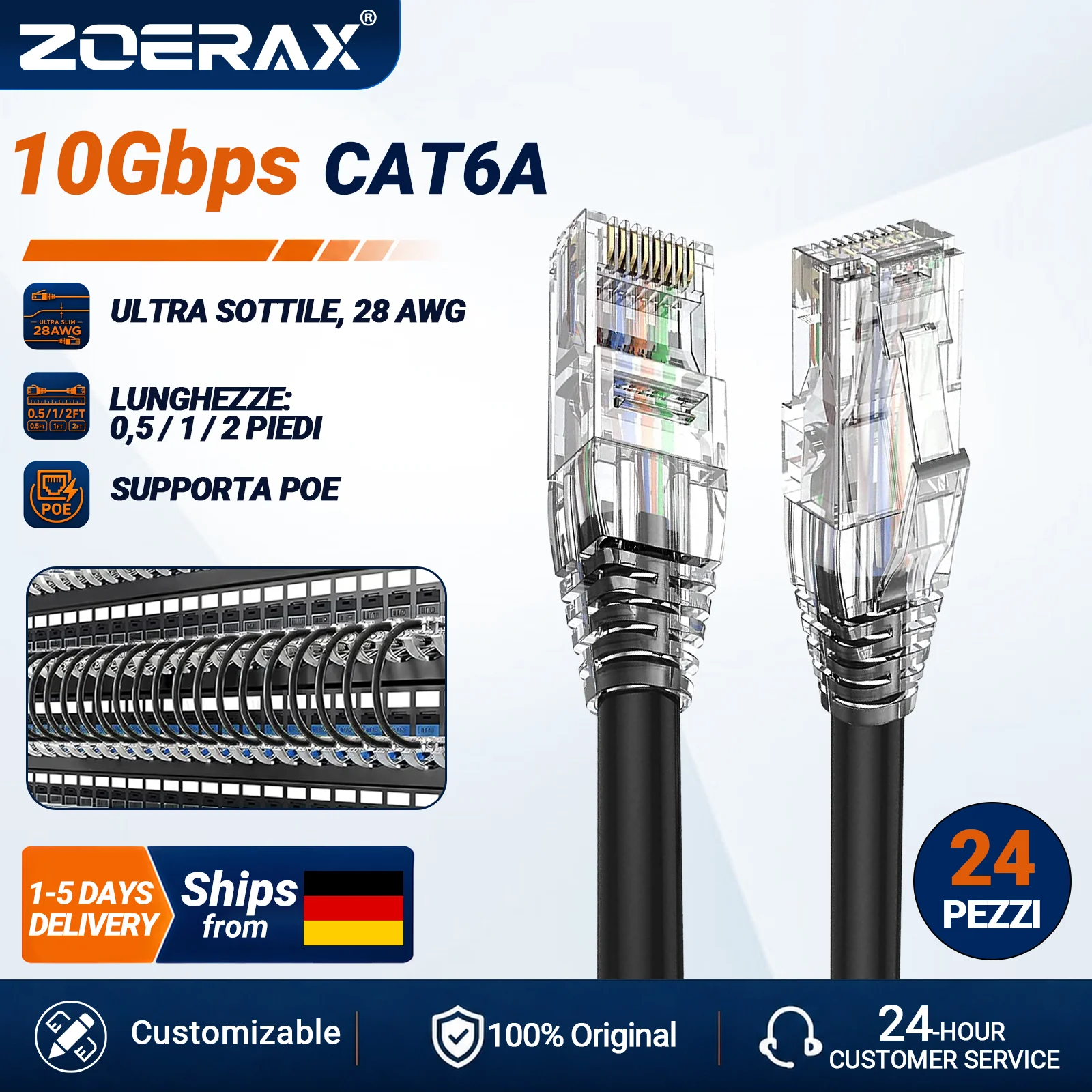 Cavo Ethernet ZoeRax RJ45 CAT6A CAT6 10Gbps PoE, Cavo LAN 28AWG UTP per Patch Panel, PC, TV, Router, Tablet