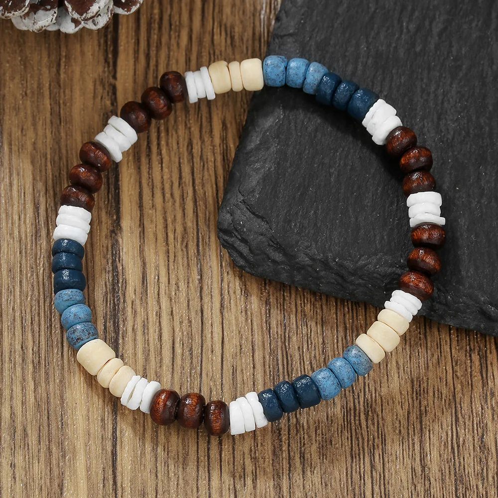 Böhmisches Unregelmäßiges Spleiß-Armband aus Kokosnussschalen und Holzperlen, Retro-Herrenarmband in Mischfarben, Modischer Handgemachter Schmuck – Detail 4