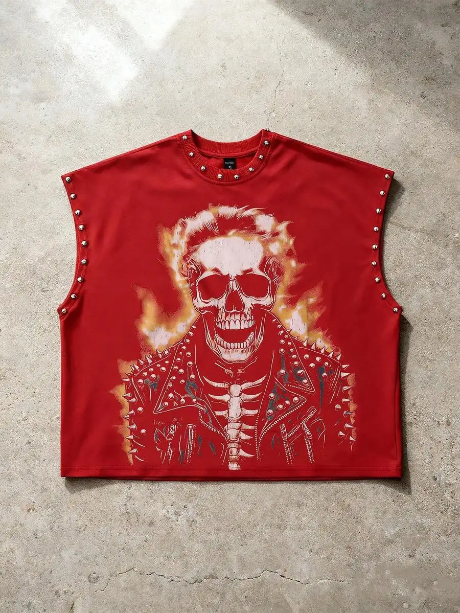 Harajuku Skull Graphic T Shirts Hip-hop Street Life Loose Men Summer Sleeveless Vest Fashion Casual Y2K Rivet Design T-shirt