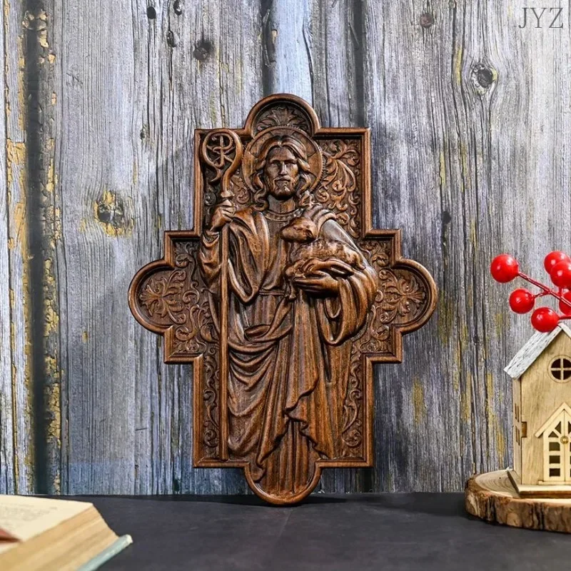 Wood Faith Carving Jesus Shepherd Icon Sculpture Plaque, Catholic Saints Image Home Wall Decor