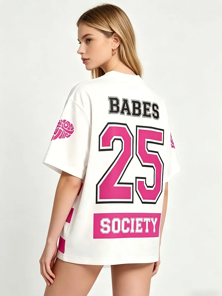 American campus spicy girl street sports style V-neck short sleeved printed loose jersey T-shirt versatile and comfortable
