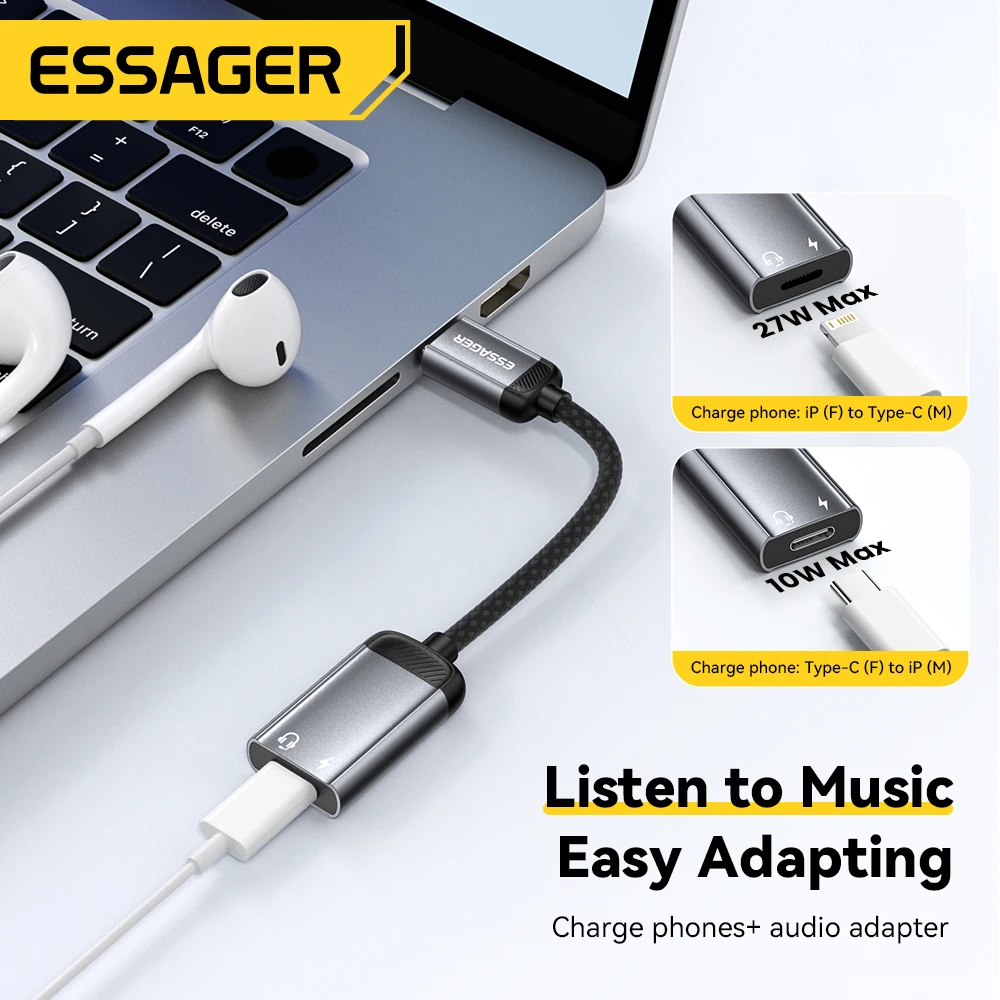 Essager نوع C كابل محول الصوت سماعة رأس Type-C أنثى إلى iP ذكر OTG محول آيفون 16 15 14 سامسونج شاومي آي باد ماك بوك