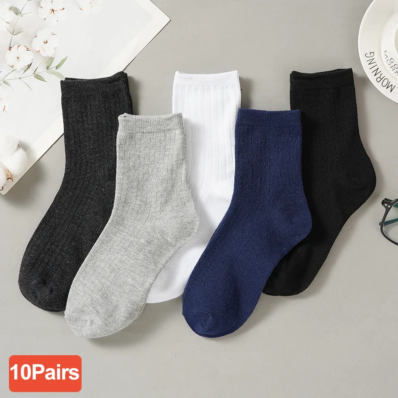 

10 пар/лот, мужские полосатые вязаные хлопковые носки, дышащие однотонные теплые средние трубки, деловые носки высокого качества