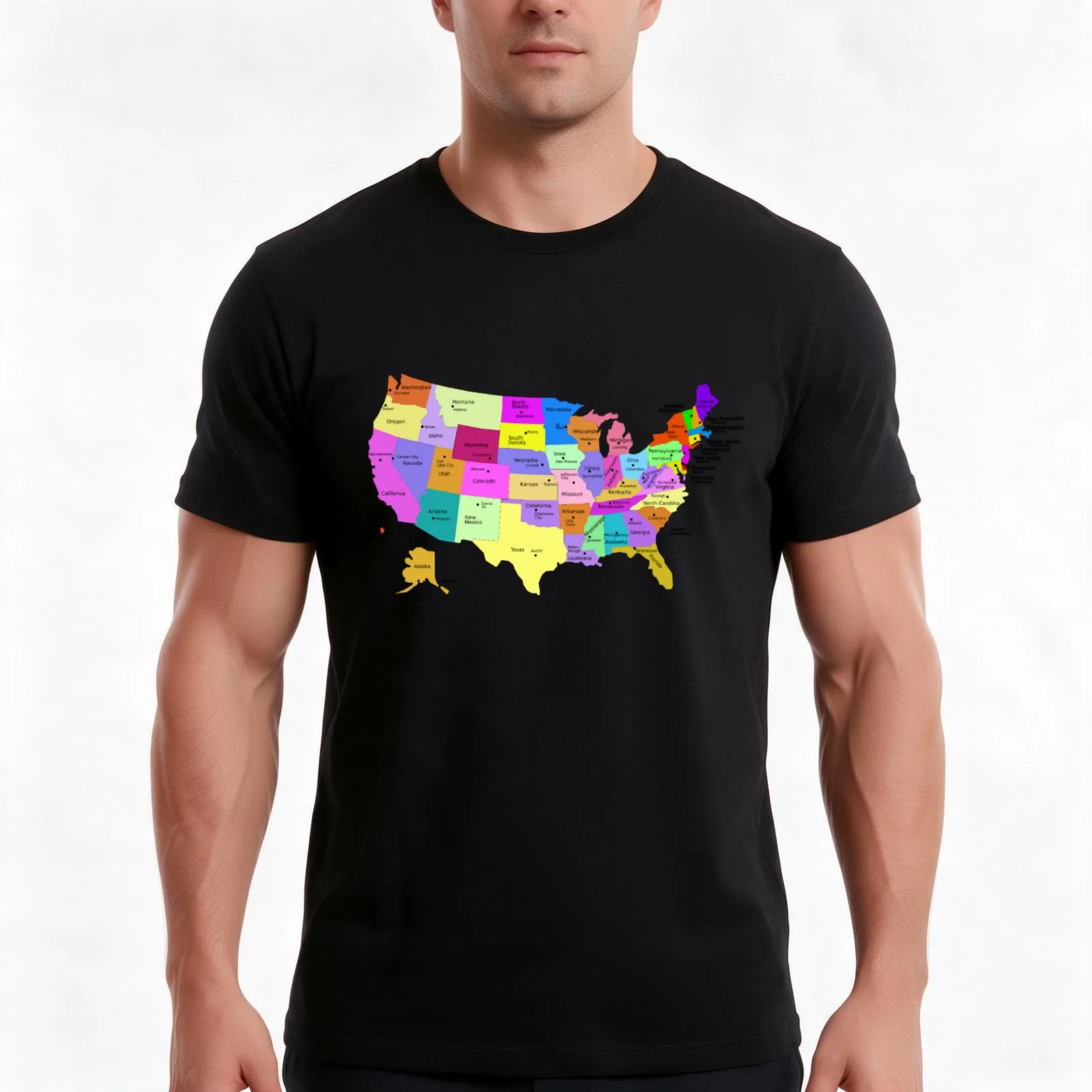 United States Map With Capitals (Fixed) T-Shirt, Summer Casual Cotton Tee, Oversized Streetwear Tops, Vintage Graphic Print