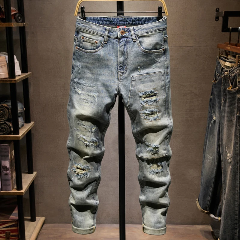 High Street Designer Fashion Men Jeans Retro Washed Blue Stretch Slim Fit Patched Ripped Jeans Men Patched Vintage Denim Pants