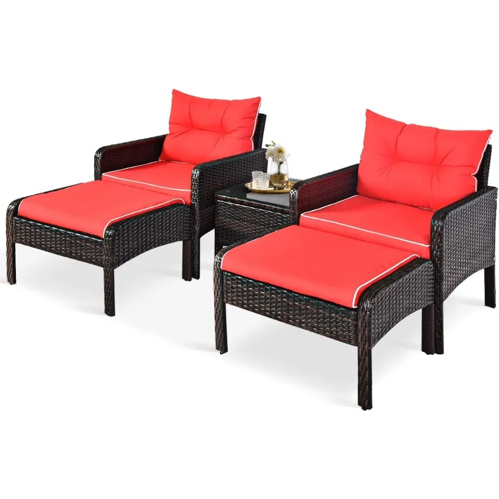 

5PCS Patio Furniture Set Outdoor Rattan Wicker Conversation Set with Coffee Table Cushioned Sofas and Ottoman