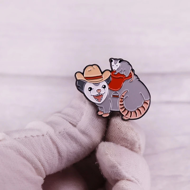 Cowboy Possum Father and son Opossum Badge Soft Lapel Pins Rodent Marsupial Enamel Brooch Badges Women Fashion Jewelry Gifts