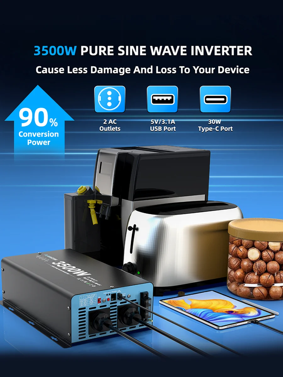 3500 W kontinuierliche Leistung reiner Sinus-Wechselrichter Spitzenleistung 7000 W DC 12 V zu AC 230 V 50 Hz EU-Buchse LCD-Auto-Voltmeter-Konverter