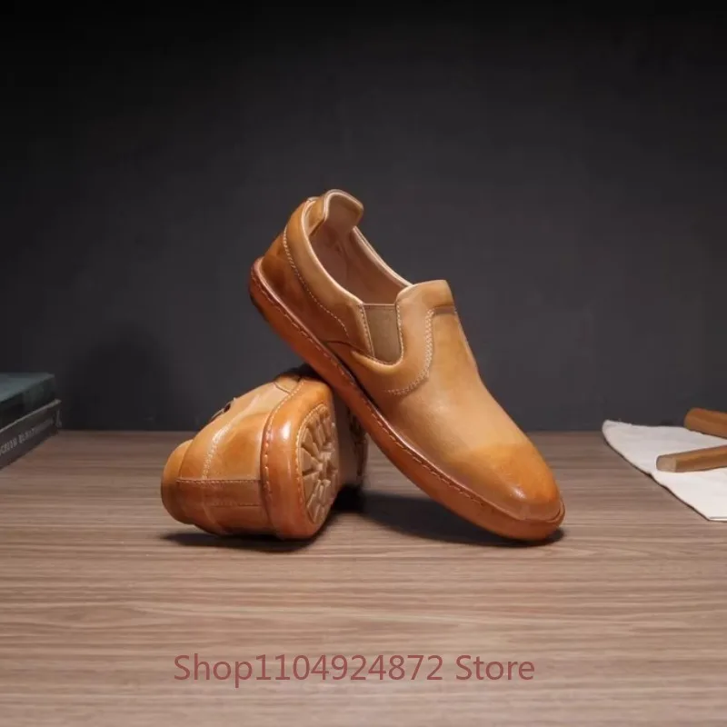 Luxury Handmade Sport Casual Shoes Men's Loafers Retro Slip on Soft Soled Genuine Leather Flat Hiking Cow Leather Shoes Male