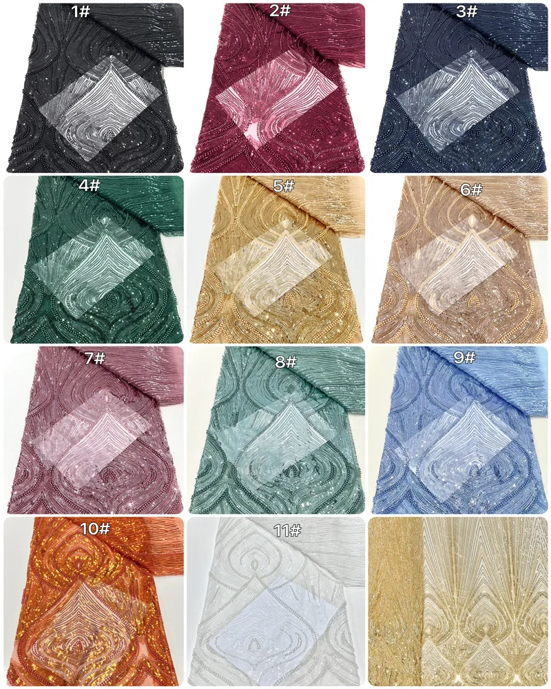 2025 골드 럭셔리 패션 디자인 비즈 고급 수제 비즈 자수 네트 레이스 원단 여성 웨딩 드레스용