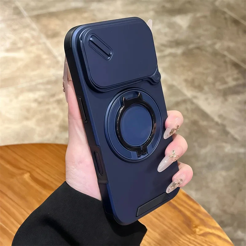 

Luxury Heavy-Duty Rugged Armor Magnetic Bracket Case For iPhone 17 16 15 14 13 Pro Max Plus Slide Camera Protection PC Cover