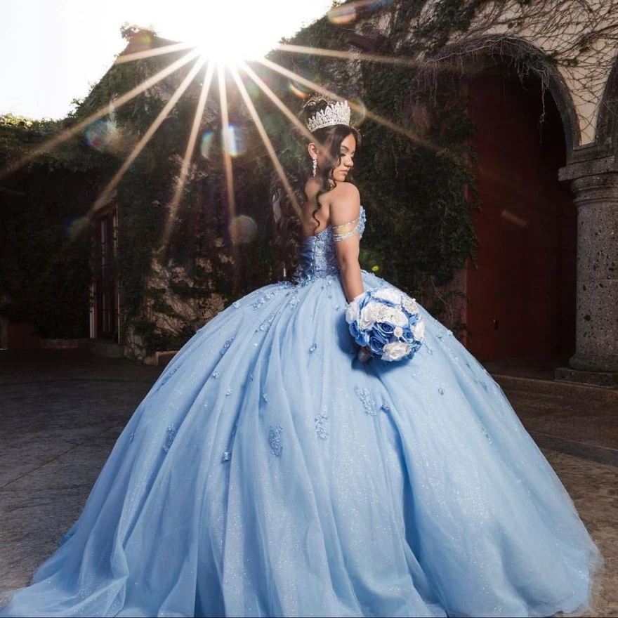 Maßgeschneidertes blaues Quinceanera-Kleid 2024, Ballkleid, Spitze, Applikationen, Pailletten, Perlen, mexikanisches Kleid, Vestido de 15, Partykleid YQD91