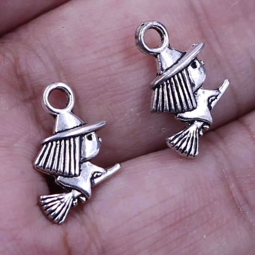500Pcs Silver Tone Witch Broom Halloween Charms Pendants 13x10mm