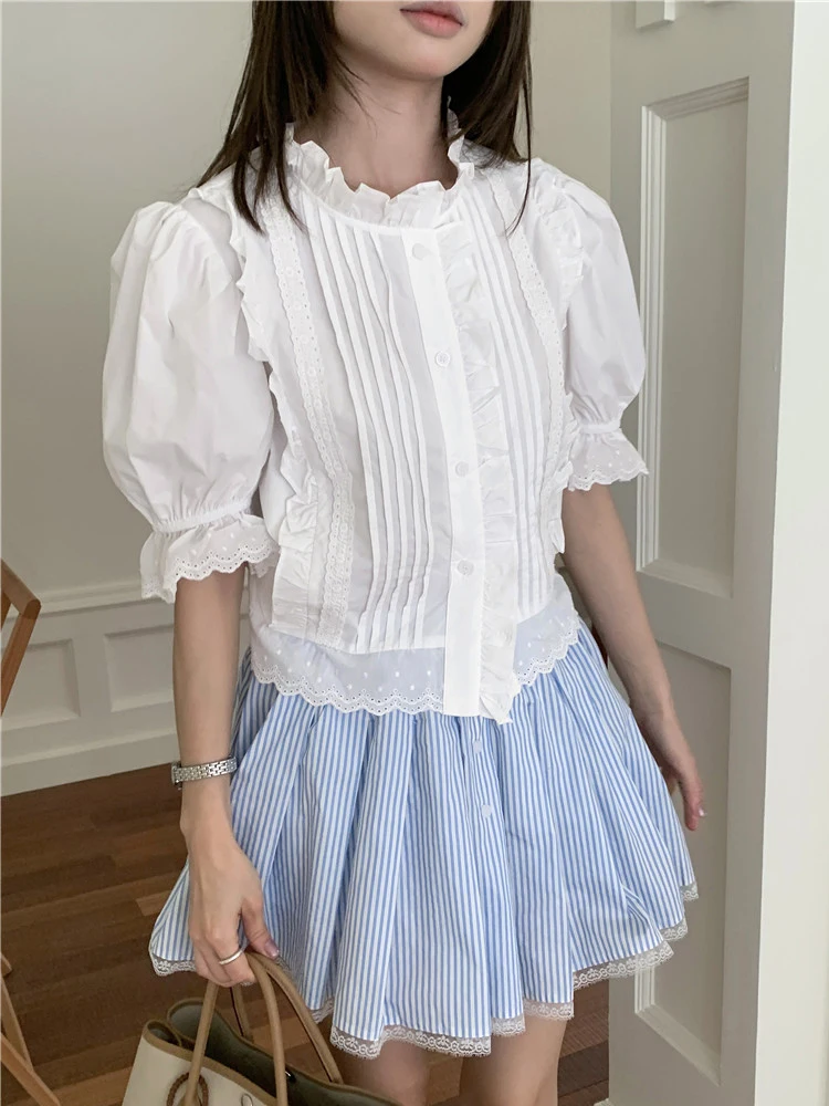 

Korean Sle Sweet Ruffle Bubble Sve irt Women's Faionable Top Beautiful Splice ort Sve Loose Fit Color