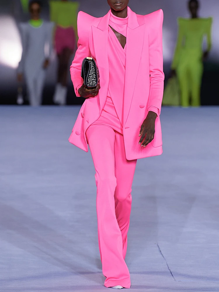 HIGH STREET-Chaqueta larga con doble botonadura para mujer, Blazer fluorescente con hombros al descubierto, moda de diseñador, 2024