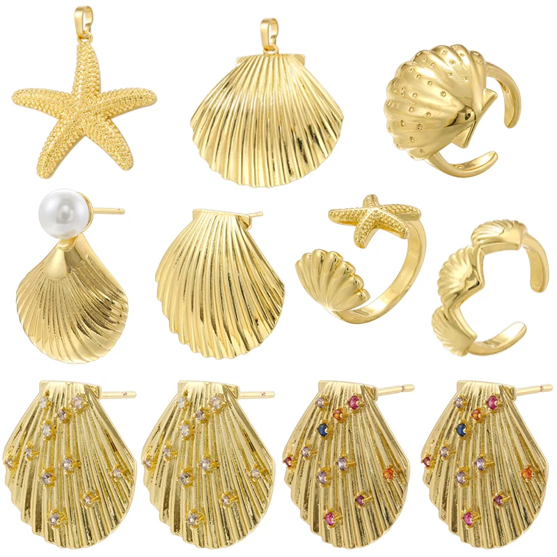 

ZHUKOU 8 Styles Ocean Collection Starfish Shell Earrings Pendant Ring Premium Vintage Ladies Jewellery：VE1395