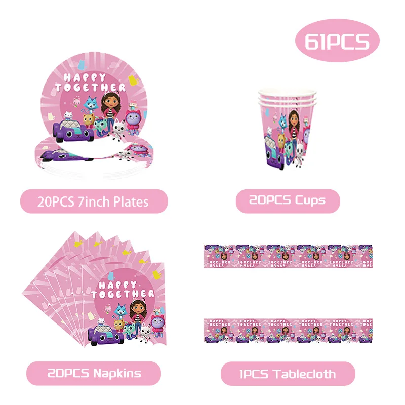 Gabby Dollhouse Birthday Party Decorations Tableware Stickers Popcorn Box Tableware Pink Balloons Party Favors Birthday Decor