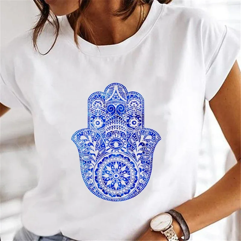 Sommer neue 90er Jahre Kurzarm Sommerkleid Hand von Hamsa Fatima Print O-Ausschnitt T-Shirt Top Mode Frauen lustige weiße T-Shirt.