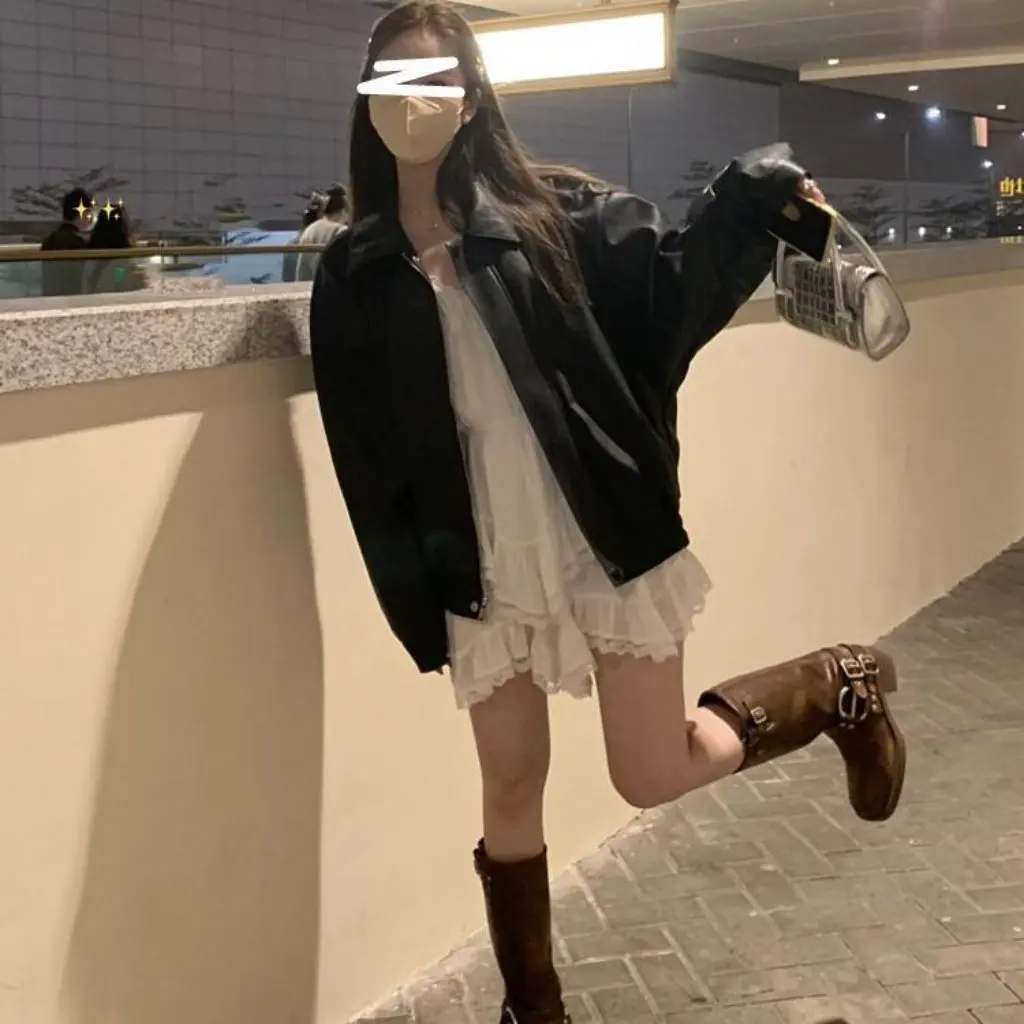 

Women's Black Leather Jacket High-End Fashion Casual Loose Fit Autumn Winter New Style Small Sense Outerwear