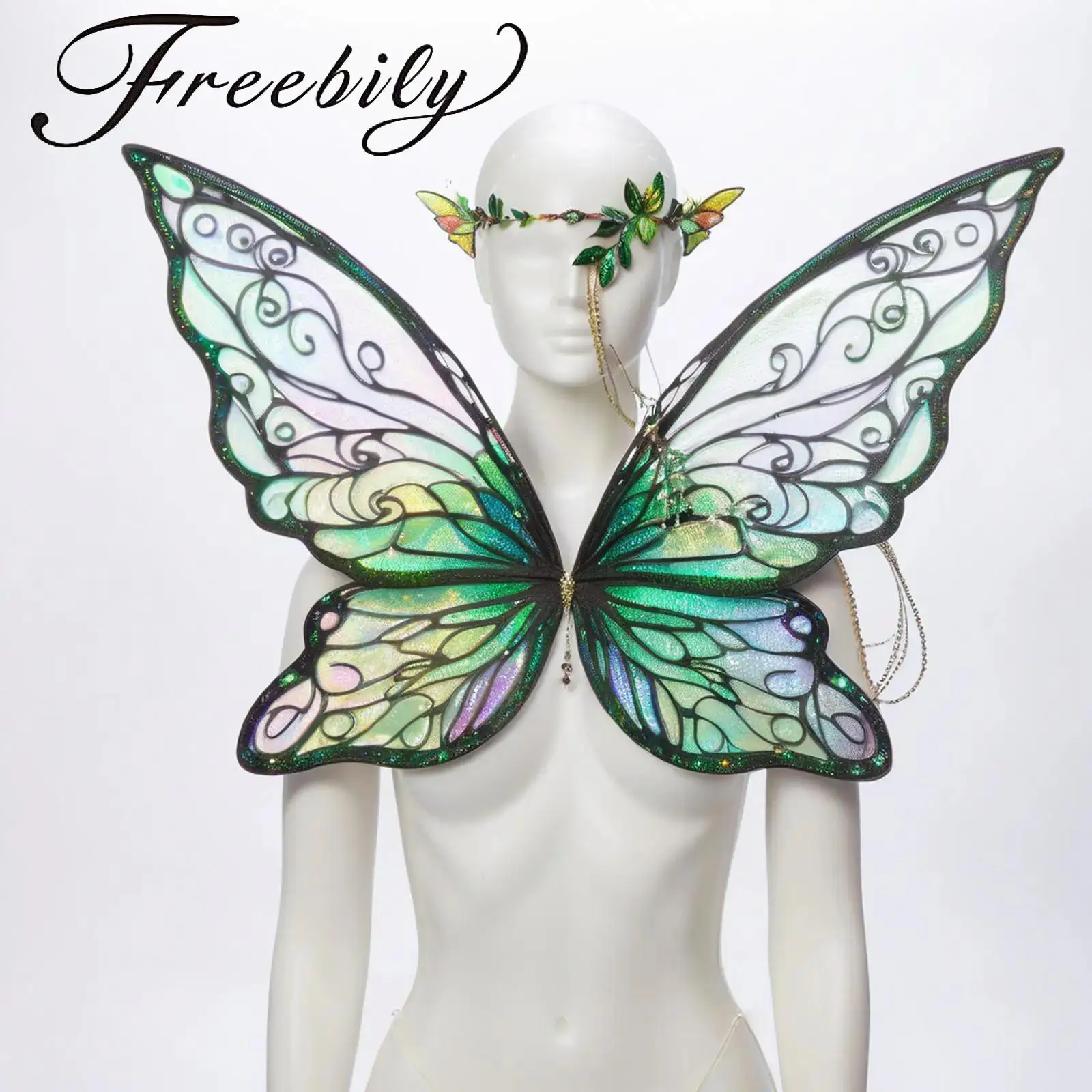 Girls Green Fairy Cosplay Props Butterfly Wings Headband Elf Ears Magic Wand Halloween Party Cosplay Fancy Dress Up Sets