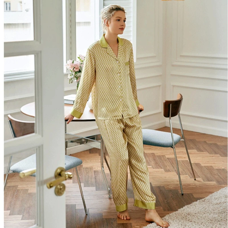 Green Plaid Silk Pajamas for Women 100% Mulberry Silk Long Sleeve Sleepwear Set Heavyweight Autumn Winter Loungewear Nightwear
