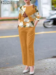 ZANZEA 2PCS Fashion Short Sleeve Floral Blouse Pant Sets Women Office Work Suit Summer Tracksuits Elegant Matching Sets Oversize