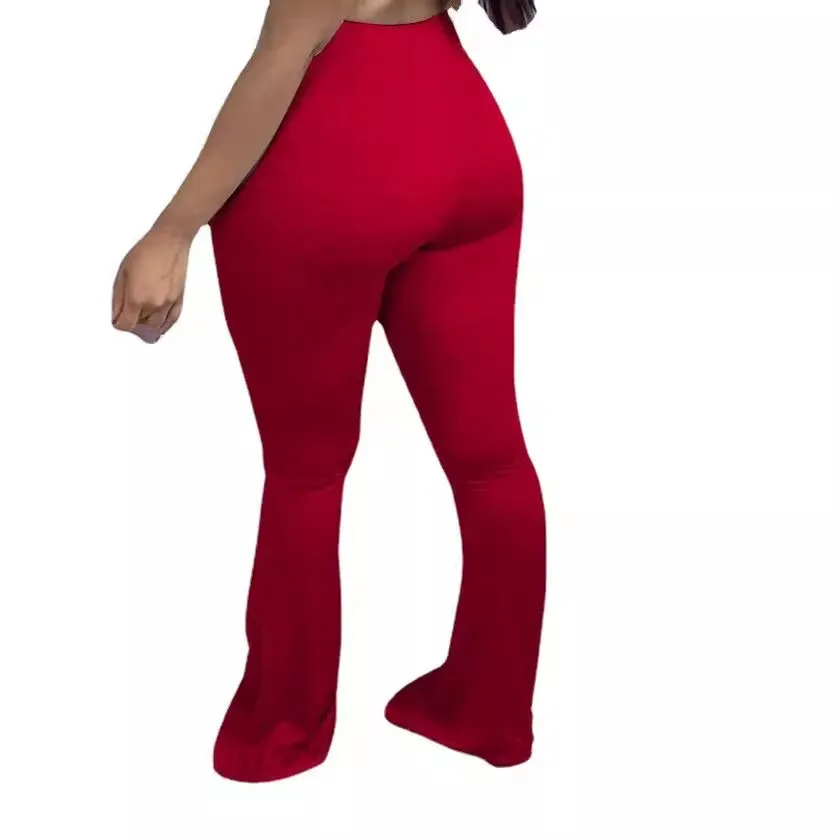 Pantaloni casual sexy a vita alta con campana Bot per donna Pantaloni lunghi a tracolla autunnali attillati Miscela di cotone poliestere lavabile