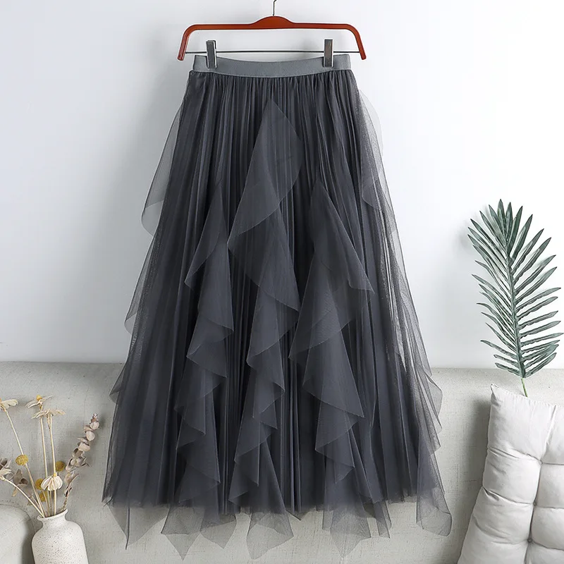 Big Ruffles Tulle Skirt Womens Autumn Winter High Waist Elegant Pleated Skirts Female Korean Fashion Casual Mesh Skirt