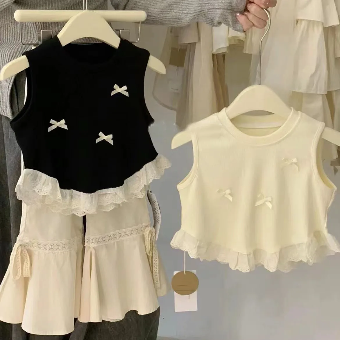 

Girls Suits Summer New Two Sets Korean Fashion Cute Pullover Vest Small Fresh Micro Cropped Pants Splicing Trend Children