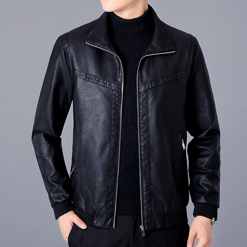 

Plus Size M-5XL Autumn Men Jacket Black Leather Coat Concise Young Man Bomber Jackets Zipper Leather Jacket for Men MY266