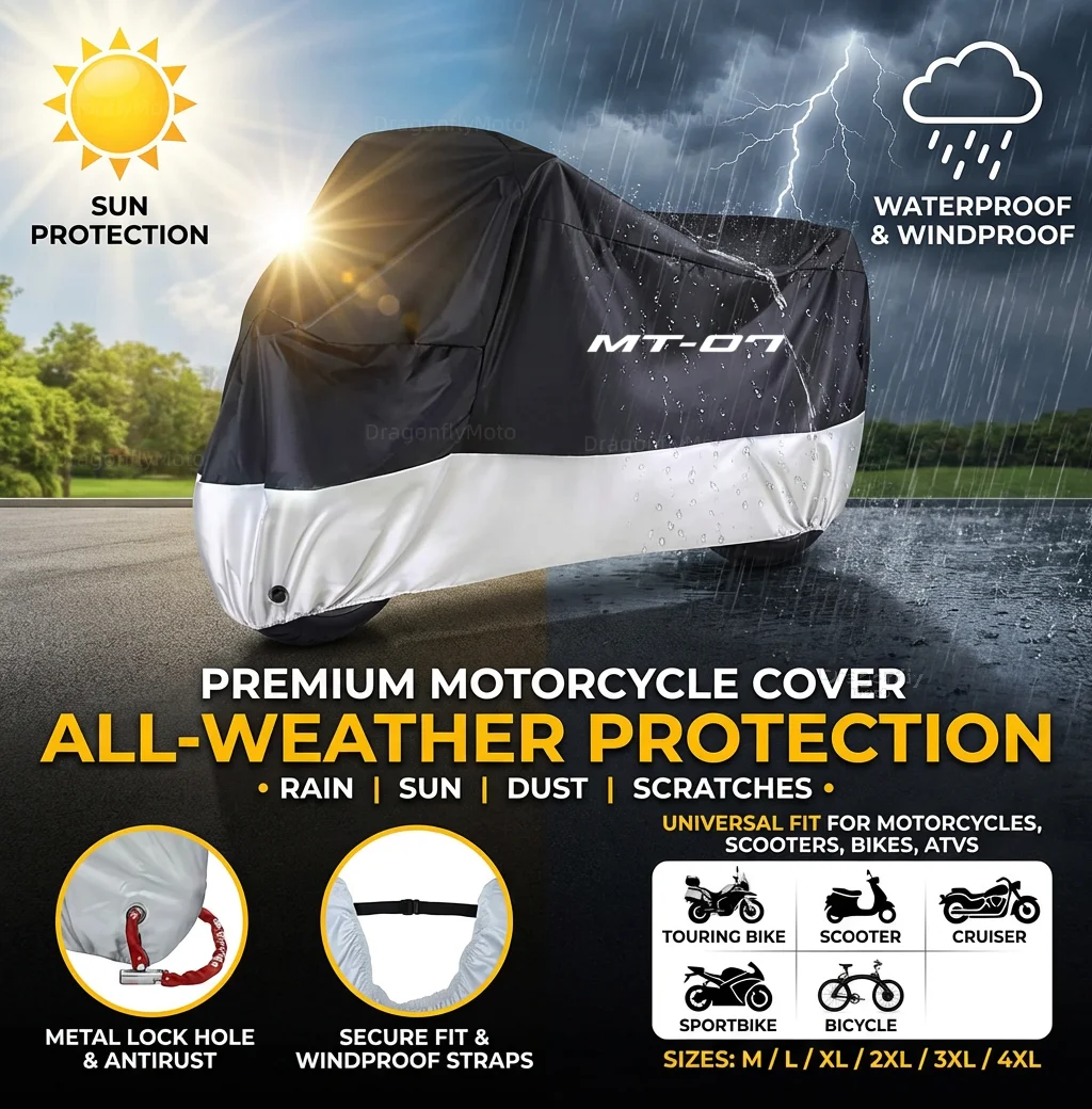 

For YAMAHA MT-07 MT07 MT 07 2014-2022 2021 2020 2019 All Season Motorcycle Cover Silver Black Waterproof Dustproof UV Protection
