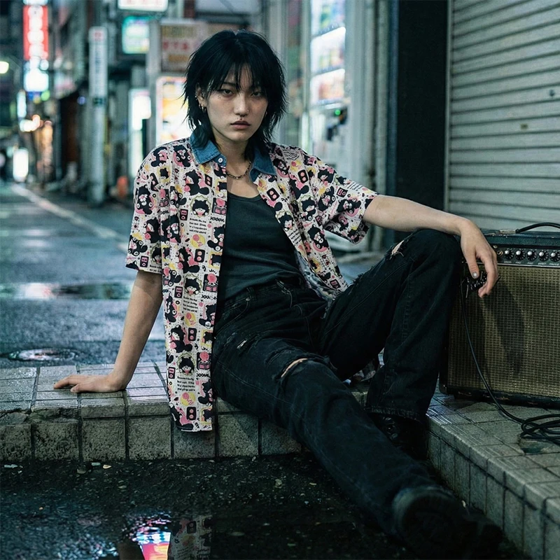 

Harajuku Streetwear Cow Cat Graphic Shirt Men Women Kawaii Music Print Short Sleeve Button Up Casual Summer Tops Denim Collar