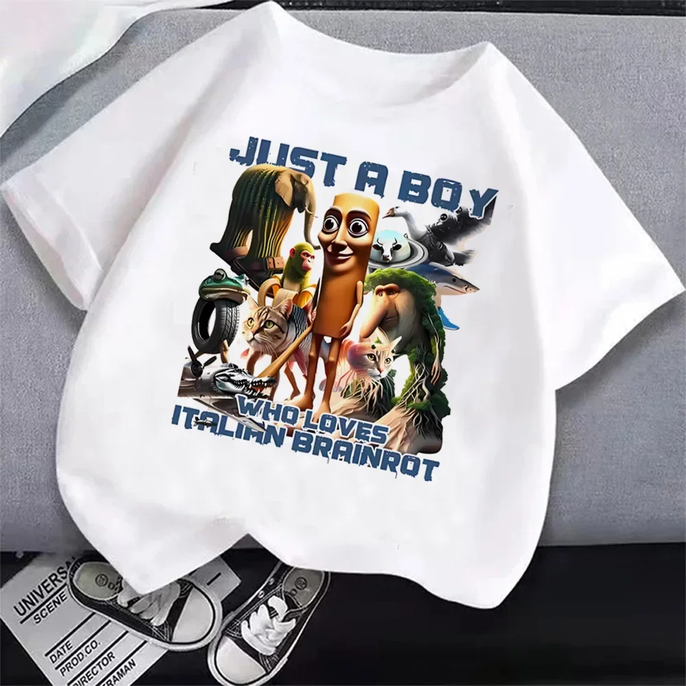 Hot Italian Brainrot T-shirts for Children Anime Cartoon Short Sleeved Shirt Boys Girls Summer Fashion Top Kids Clothes Gifts