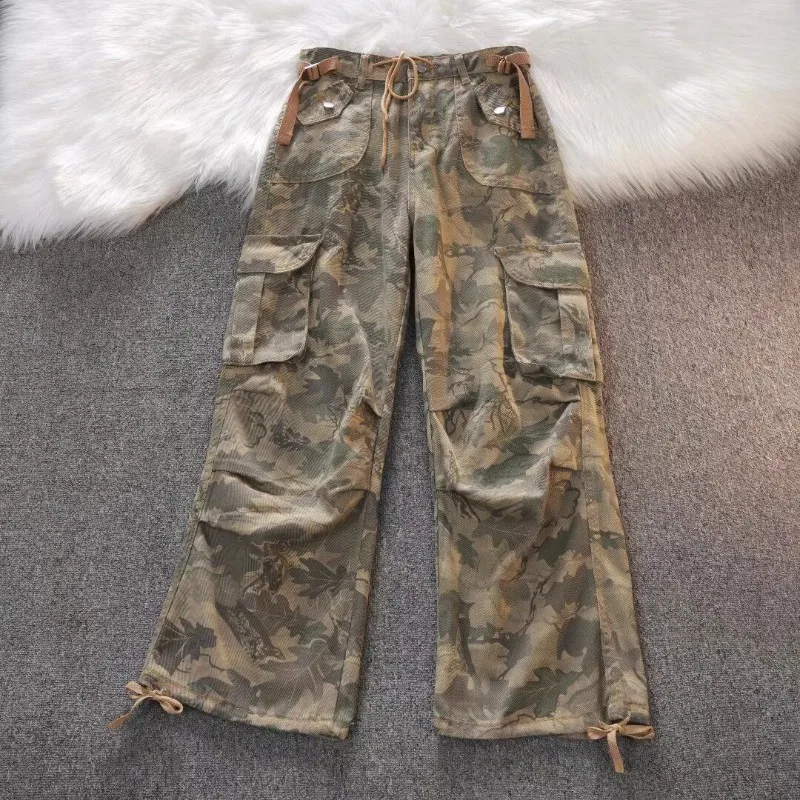 

Gothic Harajuku American Camouflage Drawstring Casual Trousers Leaf Pattern High Street Hip Hop Y2k Straight Leg Wide Leg Pants