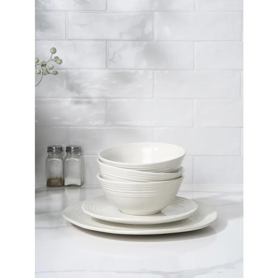 أطباق وأطباق مجموعات 12 قطعة أطقم أواني طعام من الخزف الحجري مجموعة أطباق لـ 4 قطع مرقطة مصنوعة يدويًا مجموعة أطباق الصقيل التفاعلية Twilight Ser