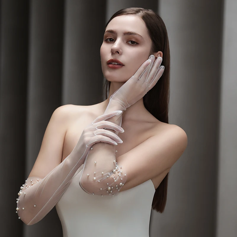 ถุงมือยาวประดับลูกปัดทำมืออย่างประณีต ดีไซน์หรูหรา ทรงเข้ารูป เหมาะสำหรับงานแต่งงาน งานเลี้ยงอาหารค่ำ ถุงมือผ้าทูลล์ อุปกรณ์เสริมสำหรับงานแต่งงาน