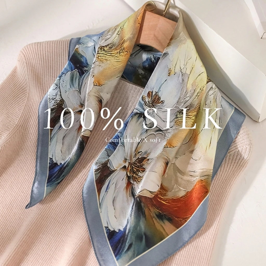 

New 100% Real Silk Satin Women Scarf 2026 Flower Printed Foulard Femme Square Head Scarfs Bandana Shawl For Lady Hijab 53cm