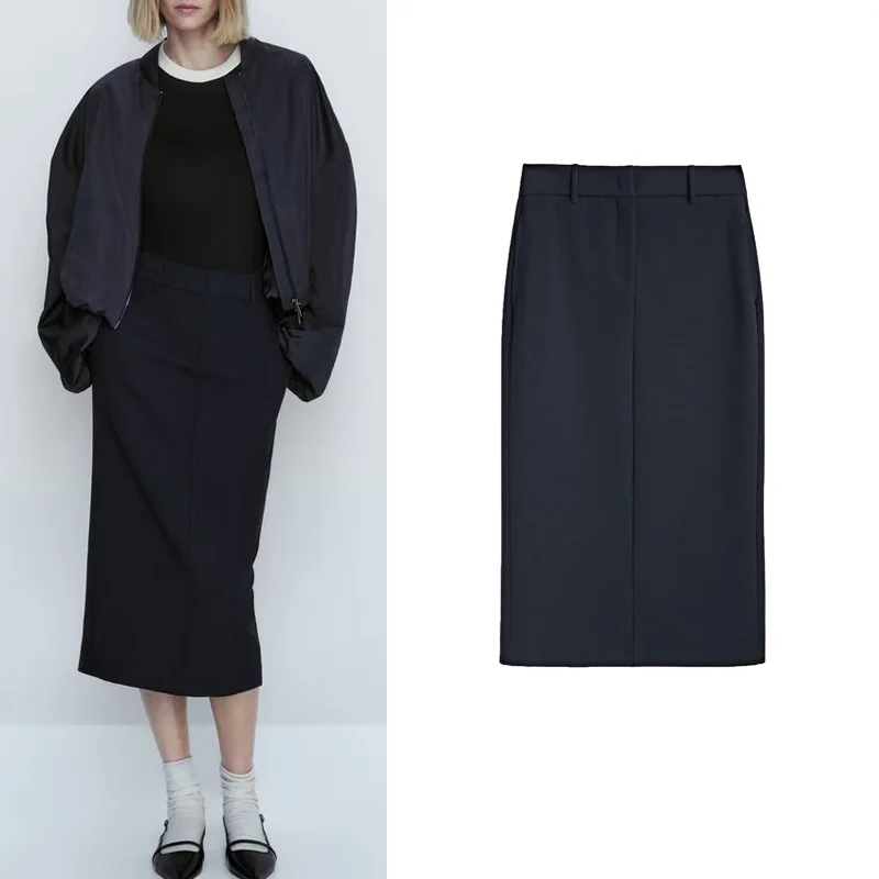 

Новая женская юбка-карандаш с высокой талией, прямого кроя, темно-синяя, из 100% полиэстера, модная модель 2024 года, для офиса и повседневной носки.