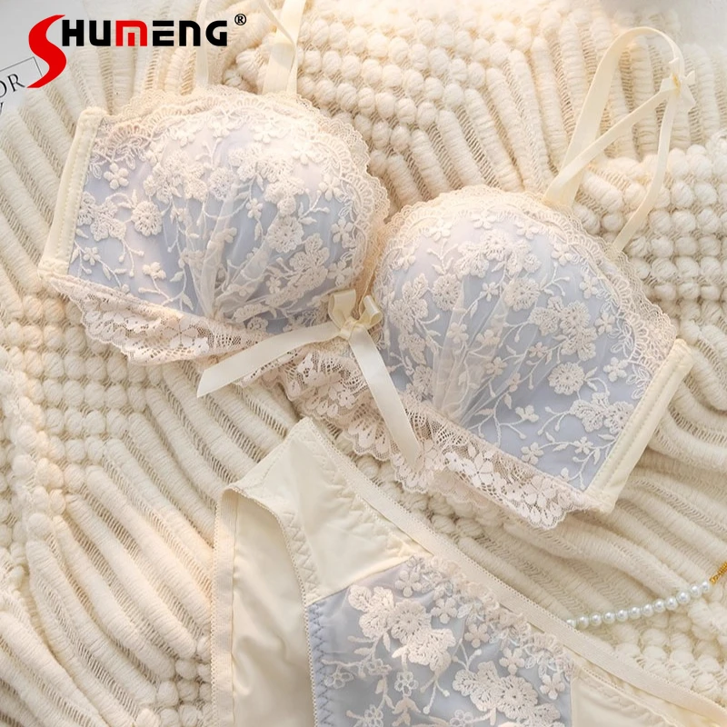 

Push Up Sexy Bra Set for Women Thickened Enhancing Young Girl Underwear Brief Suits Female Japanese Style Sweet Lace Intimates