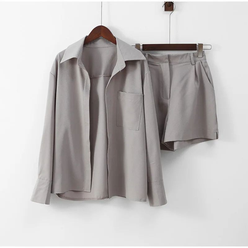 

Summer Casual Home 2 Piece Sets For Women 2026 Fashion Long Sleeve Simple Button Pockets Shirt Shorts Tracksuit Female Outfits