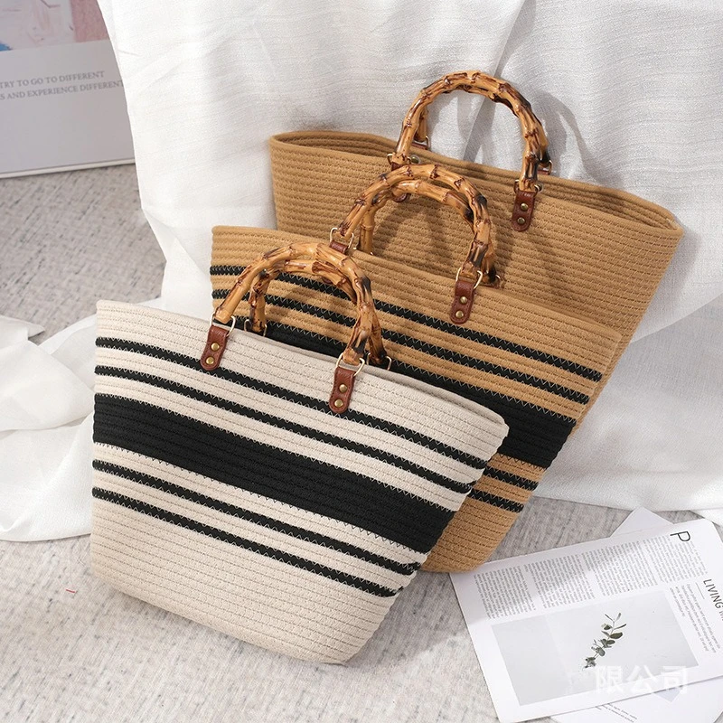 

Cotton Thread Woven Handbag Large Capacity Handbag Simple Striped Design