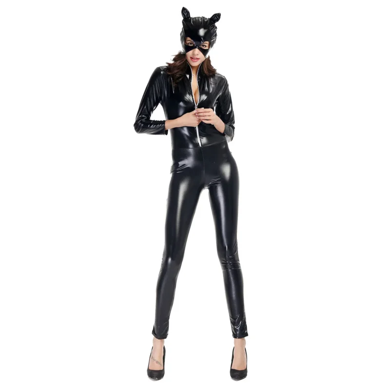 Macacões de gato de couro falso para mulheres, traje único, macacão sexy, macacão preto com máscara, macacões de uma peça clubwear, cosplay