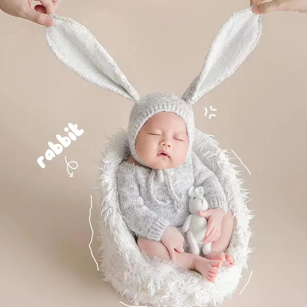 Full Moon Newborn Baby  Photography Outfit Grey Knitted Jumpsuit Long Ears Rabbit Hat Stuffed Bunny Doll Studio Photoshoot Props